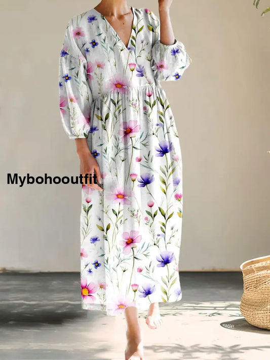 Vintage V-neck Bohemian Floral Print Elegant Chic Loose Midi Dress A / S