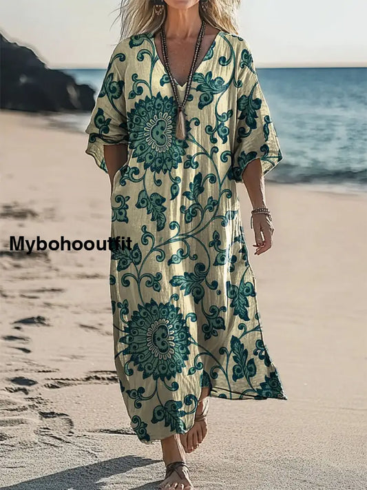 Vintage V-neck Bohemian Floral Print Elegant Chic Loose Midi Dress A / S