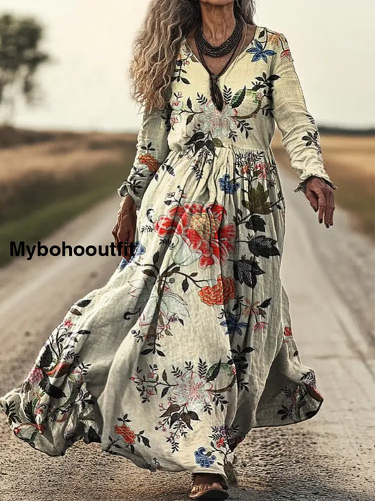 Vintage V-neck Bohemian Floral Print Elegant Chic Loose Midi Dress A / S