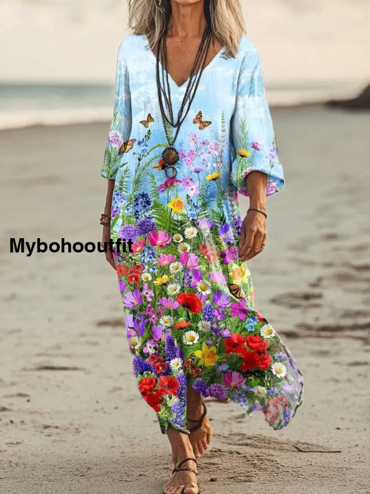 Vintage V-neck Bohemian Floral Print Elegant Chic Loose Midi Dress A / S