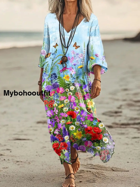Vintage V-neck Bohemian Floral Print Elegant Chic Loose Midi Dress A / S