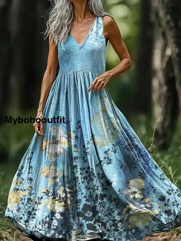 Vintage V-neck Bohemian Floral Print Elegant Chic Loose Midi Dress A / S