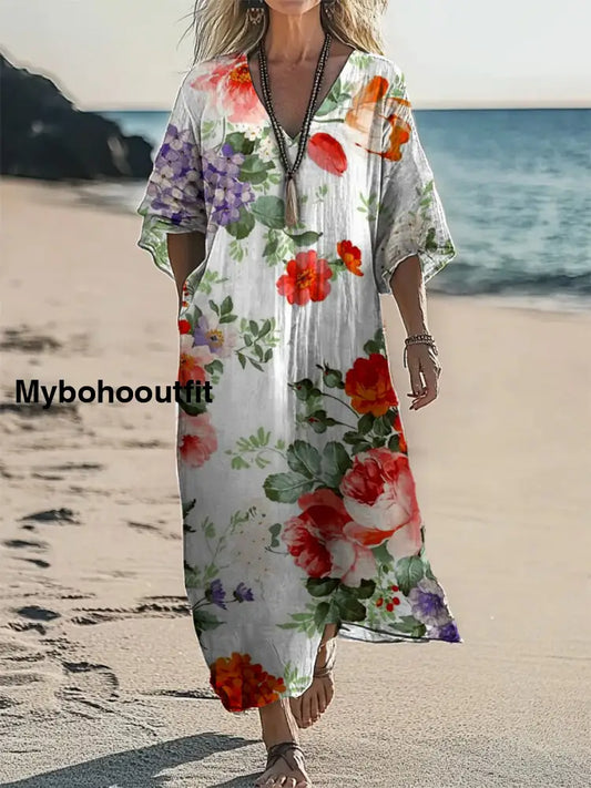 Vintage V-neck Bohemian Floral Print Elegant Chic Loose Midi Dress A / S
