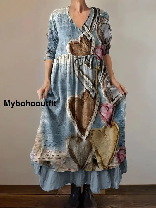 Vintage V-Neck Bohemian Floral Print Elegant Chic Loose Midi Dress A / S