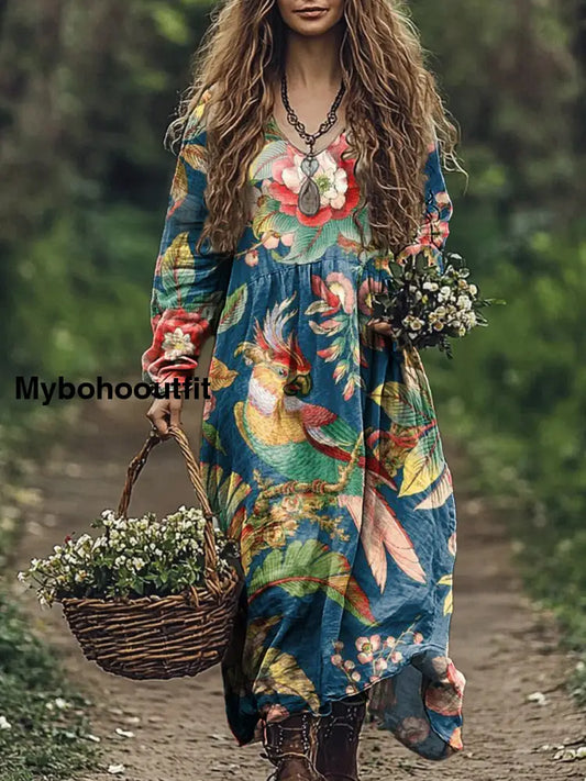 Vintage V-neck Bohemian Floral Print Elegant Chic Loose Midi Dress A / S