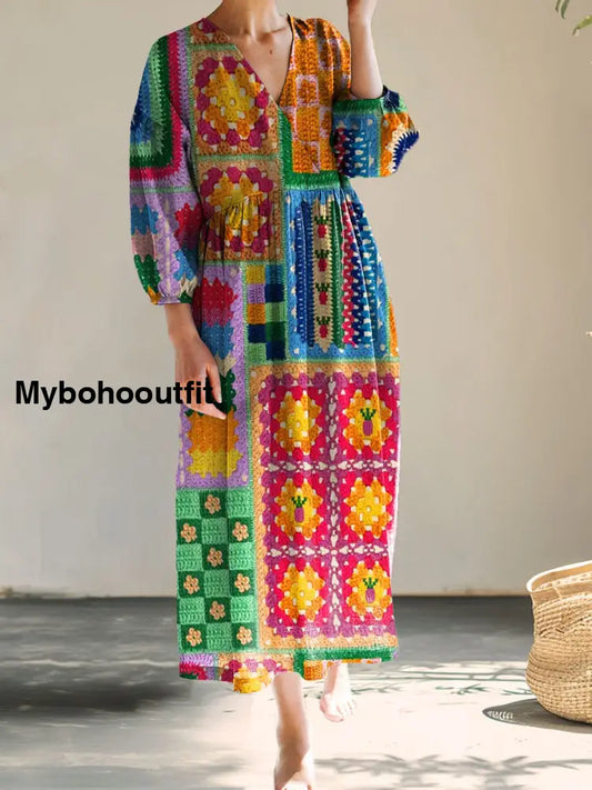 Vintage V-neck Bohemian Floral Print Elegant Chic Loose Midi Dress A / S