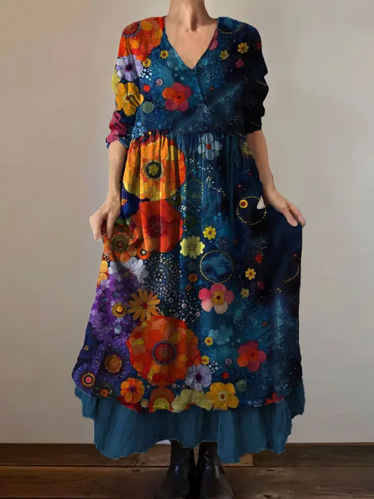 Vintage V-neck Bohemian Floral Print Elegant Chic Loose Midi Dress A / S