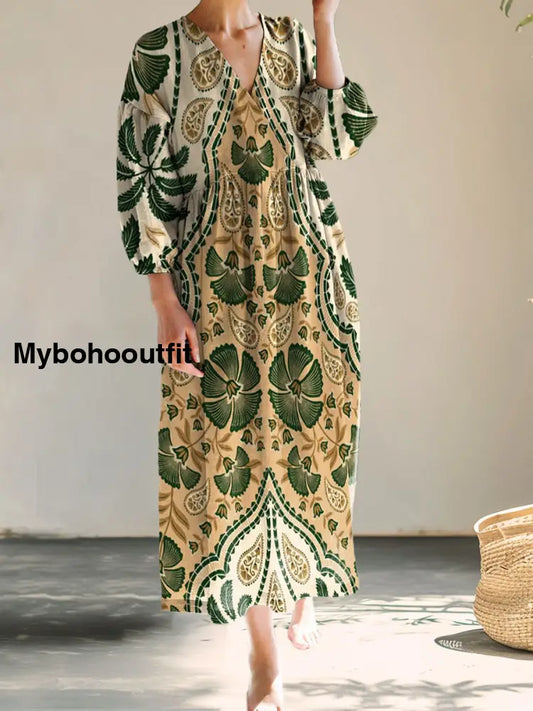 Vintage V-neck Bohemian Floral Print Elegant Chic Loose Midi Dress A / S