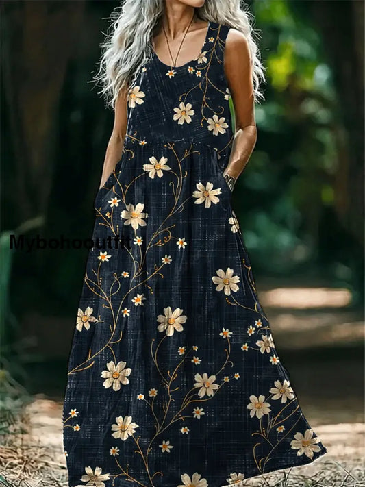 Vintage V-neck Bohemian Floral Print Elegant Chic Loose Midi Dress A / S