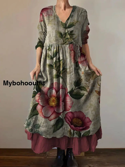 Vintage V-neck Bohemian Floral Print Elegant Chic Loose Midi Dress A / S