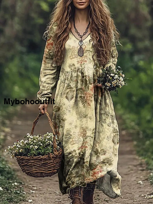 Vintage V-neck Bohemian Floral Print Elegant Chic Loose Midi Dress A / S