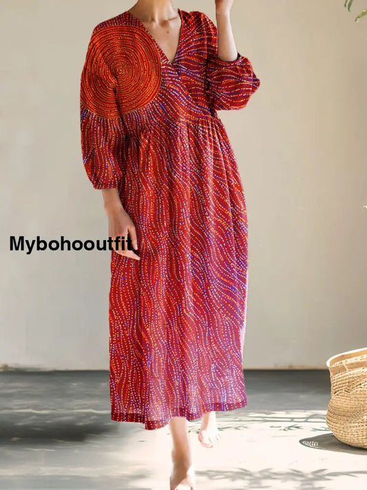 Vintage V-neck Bohemian Floral Print Elegant Chic Loose Midi Dress A / S