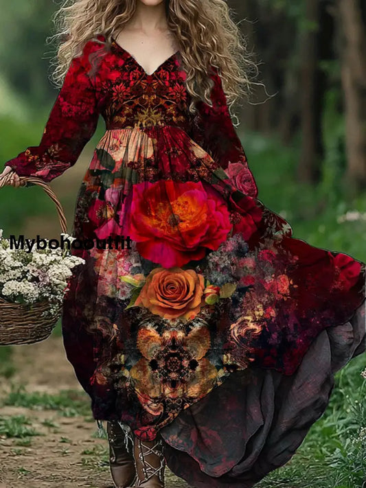 Vintage V-neck Bohemian Floral Print Elegant Chic Loose Midi Dress A / S