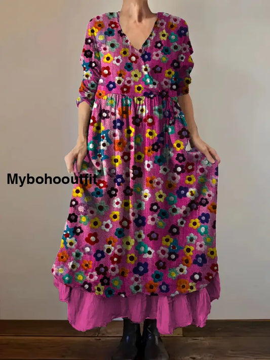 Vintage V-neck Bohemian Floral Print Elegant Chic Loose Midi Dress A / S