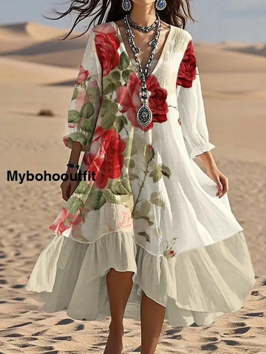 Vintage V-neck Bohemian Floral Print Elegant Chic Loose Midi Dress A / S