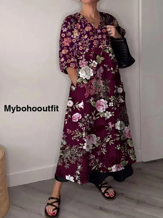 Vintage V-neck Bohemian Floral Print Elegant Chic Loose Midi Dress A / S