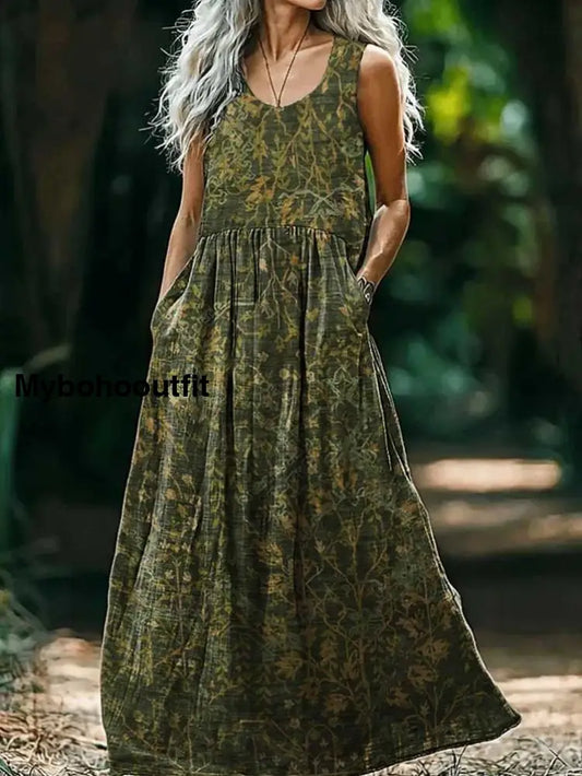 Vintage V-neck Bohemian Floral Print Elegant Chic Loose Midi Dress A / S