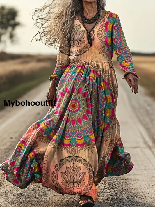 Vintage V-neck Bohemian Floral Print Elegant Chic Loose Midi Dress A / S