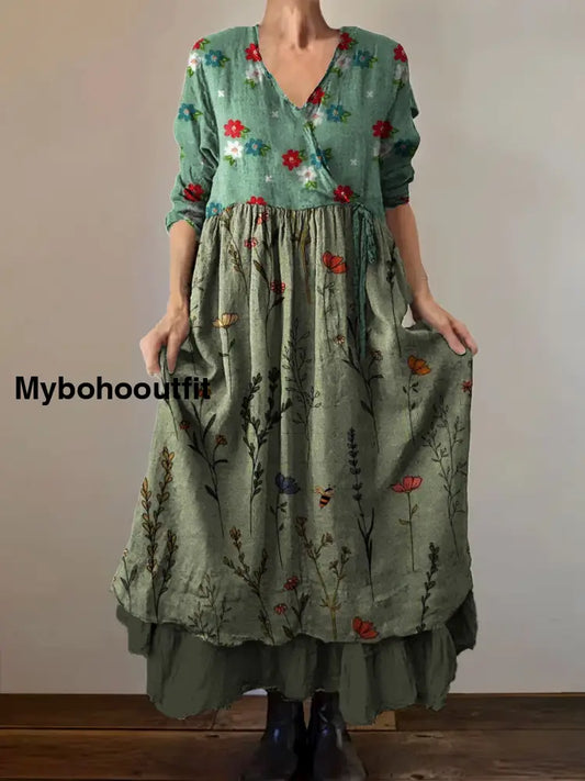Vintage V-Neck Bohemian Floral Print Elegant Chic Loose Midi Dress A / S