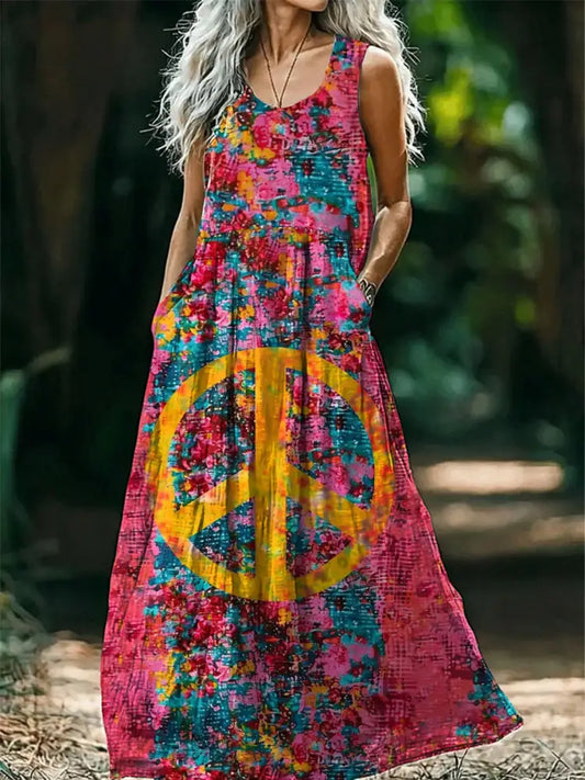 Vintage V-neck Bohemian Hippie Print Elegant Chic Loose Midi Dress A / S