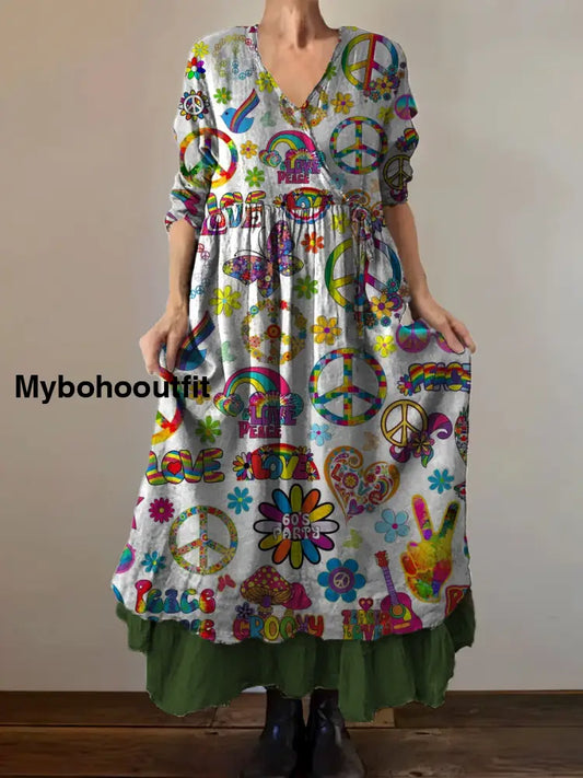 Vintage V-neck Bohemian Hippie Print Elegant Chic Loose Midi Dress A / S