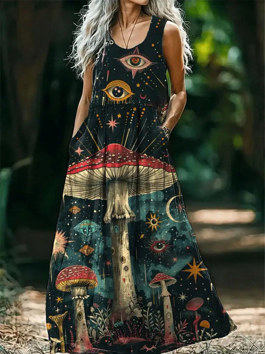 Vintage V-neck Bohemian Mushroom Floral Print Elegant Chic Loose Midi Dress A / S
