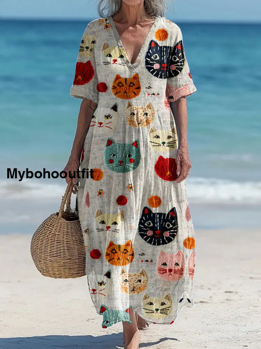Vintage V-Neck Cat Art Print Elegant And Chic Loose Midi Dress A / S