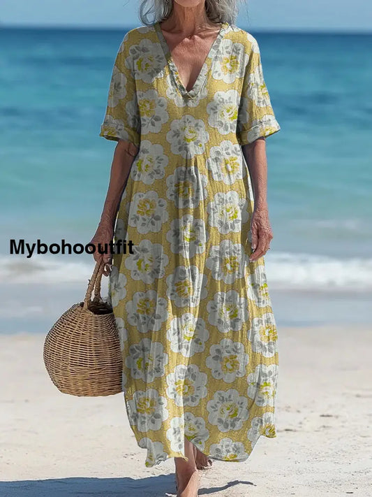 Vintage V-Neck Floral Art Print Elegant And Chic Loose Midi Dress A / S