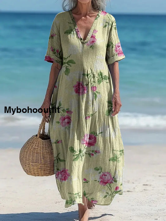 Vintage V-Neck Floral Art Print Elegant And Chic Loose Midi Dress A / S