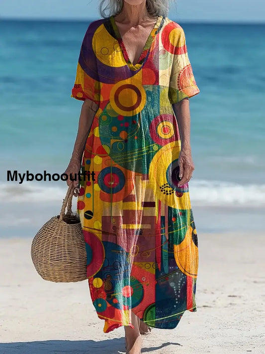 Vintage V-Neck Floral Art Print Elegant And Chic Loose Midi Dress A / S