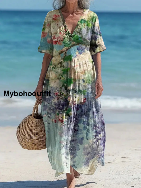 Vintage V-Neck Floral Art Print Elegant And Chic Loose Midi Dress A / S