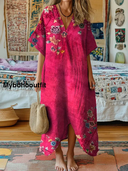 Vintage V-Neck Floral Art Print Elegant And Chic Loose Midi Dress A / S
