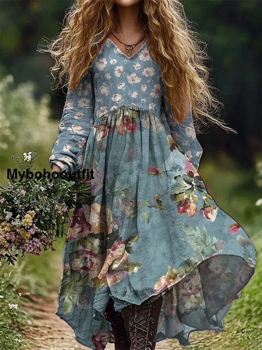 Vintage V-Neck Floral Art Print Elegant And Chic Loose Midi Dress A / S