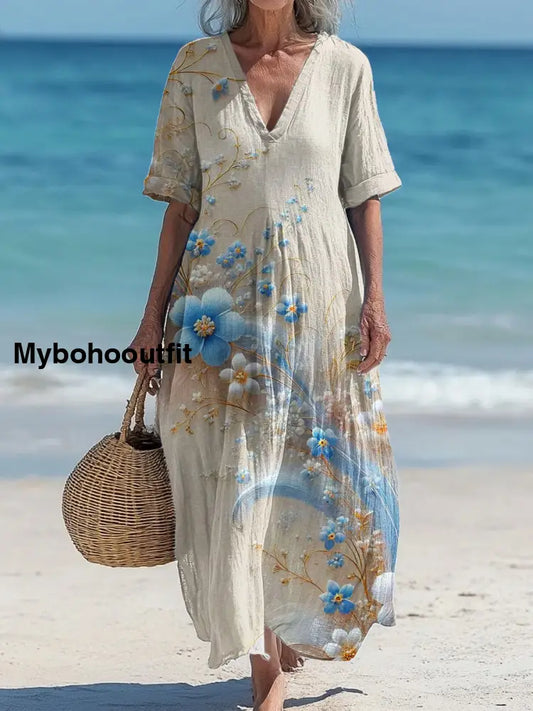 Vintage V-Neck Floral Art Print Elegant And Chic Loose Midi Dress A / S