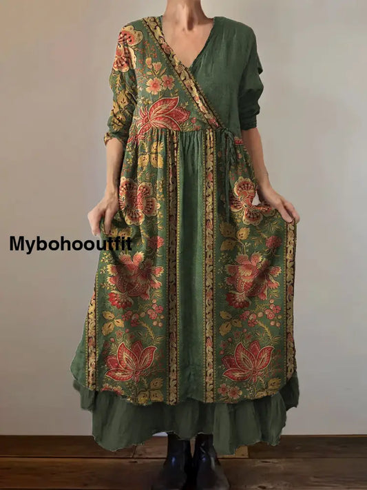Vintage V-Neck Floral Art Print Elegant And Chic Loose Midi Dress A / S