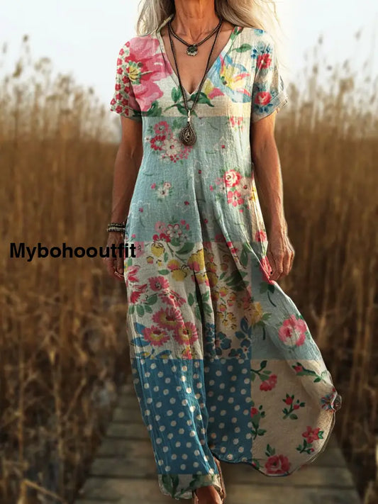 Vintage V-Neck Floral Art Print Elegant And Chic Loose Midi Dress A / S