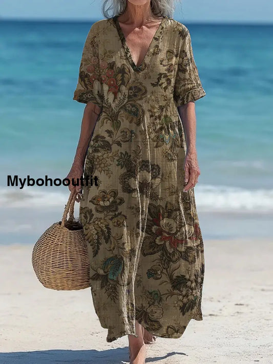 Vintage V-Neck Floral Art Print Elegant And Chic Loose Midi Dress A / S