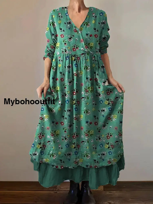 Vintage V-Neck Floral Art Print Elegant And Chic Loose Midi Dress A / S