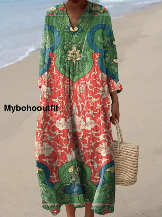 Vintage V-Neck Floral Art Print Elegant And Chic Loose Midi Dress A / S