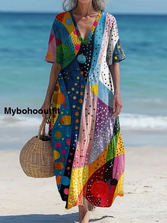 Vintage V-Neck Floral Art Print Elegant And Chic Loose Midi Dress A / S