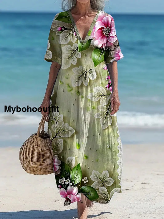 Vintage V-Neck Floral Art Print Elegant And Chic Loose Midi Dress A / S
