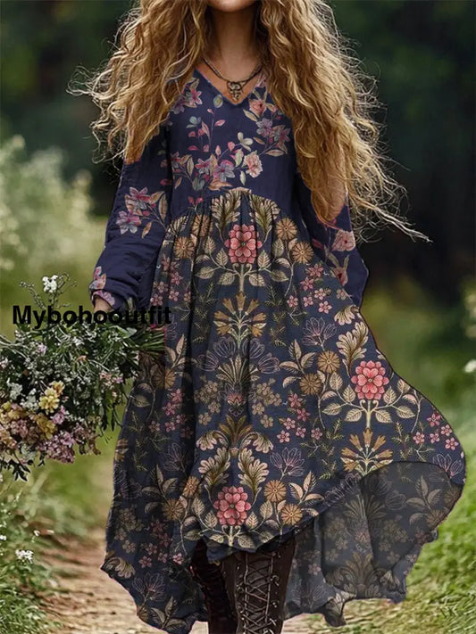Vintage V-Neck Floral Art Print Elegant And Chic Loose Midi Dress A / S