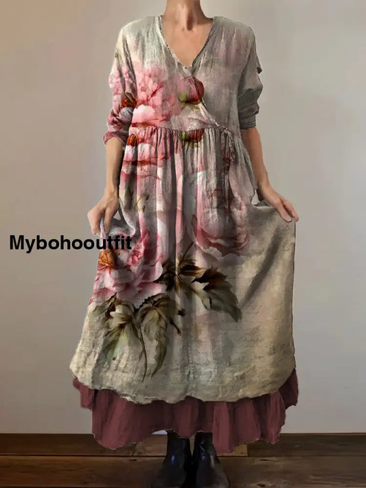 Vintage V-Neck Floral Art Print Elegant And Chic Loose Midi Dress A / S