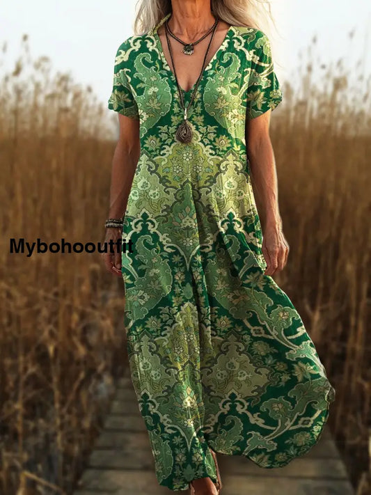 Vintage V-Neck Floral Art Print Elegant And Chic Loose Midi Dress A / S