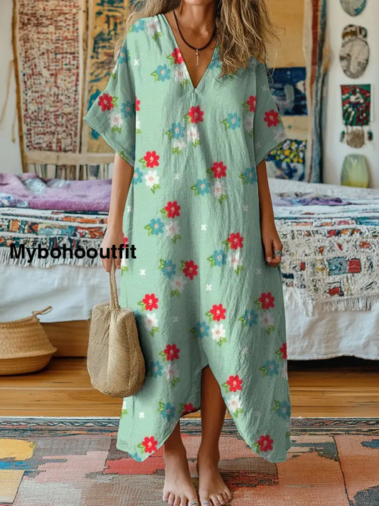 Vintage V-Neck Floral Art Print Elegant And Chic Loose Midi Dress A / S