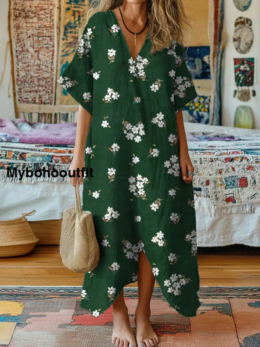 Vintage V-Neck Floral Art Print Elegant And Chic Loose Midi Dress A / S