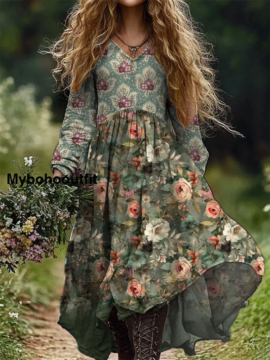 Vintage V-Neck Floral Art Print Elegant And Chic Loose Midi Dress A / S