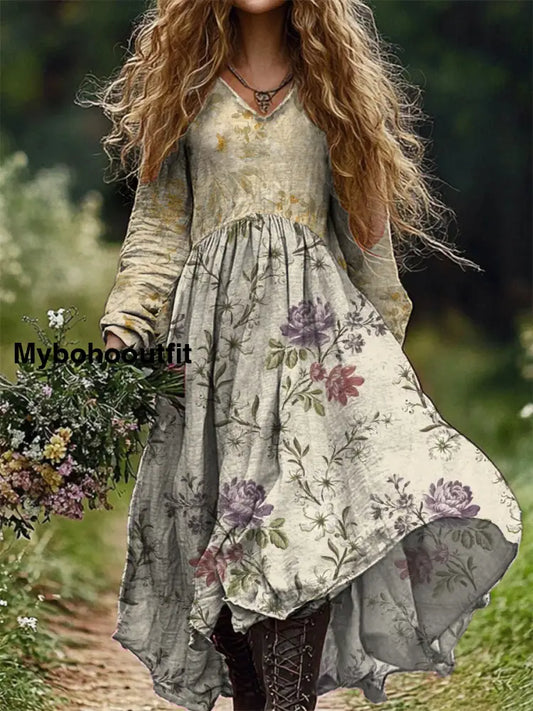 Vintage V-Neck Floral Art Print Elegant And Chic Loose Midi Dress A / S