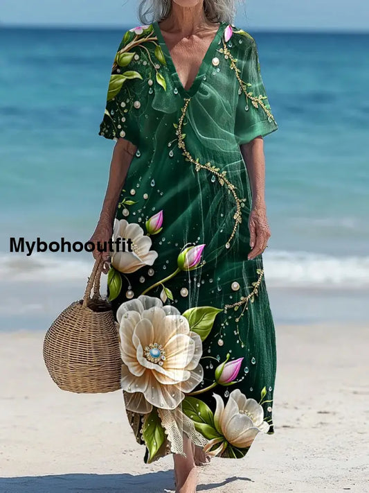 Vintage V-Neck Floral Art Print Elegant And Chic Loose Midi Dress A / S