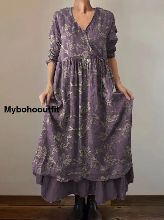 Vintage V-Neck Floral Art Print Elegant And Chic Loose Midi Dress A / S